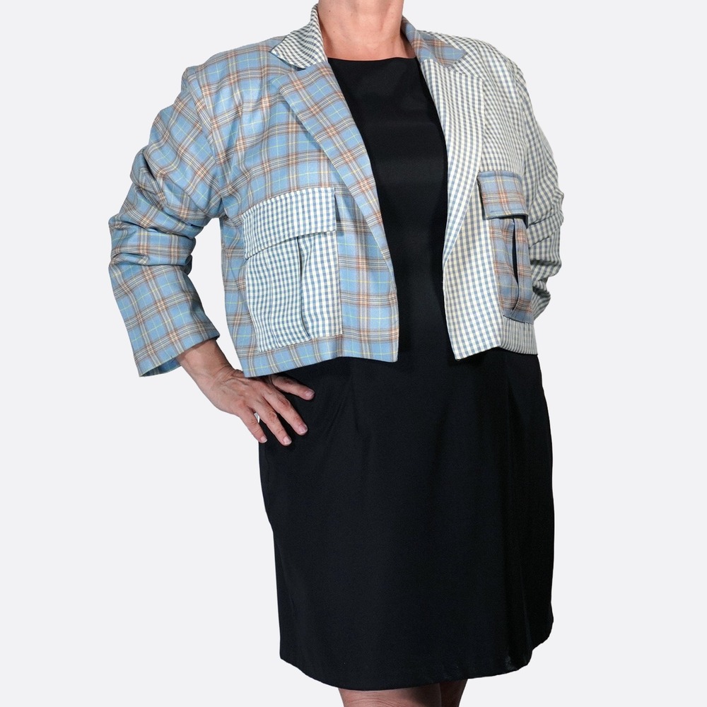Ragged Priest Patchwork Plaid Blue Gingham Cropped Blazer XL 1X Tall Friendly